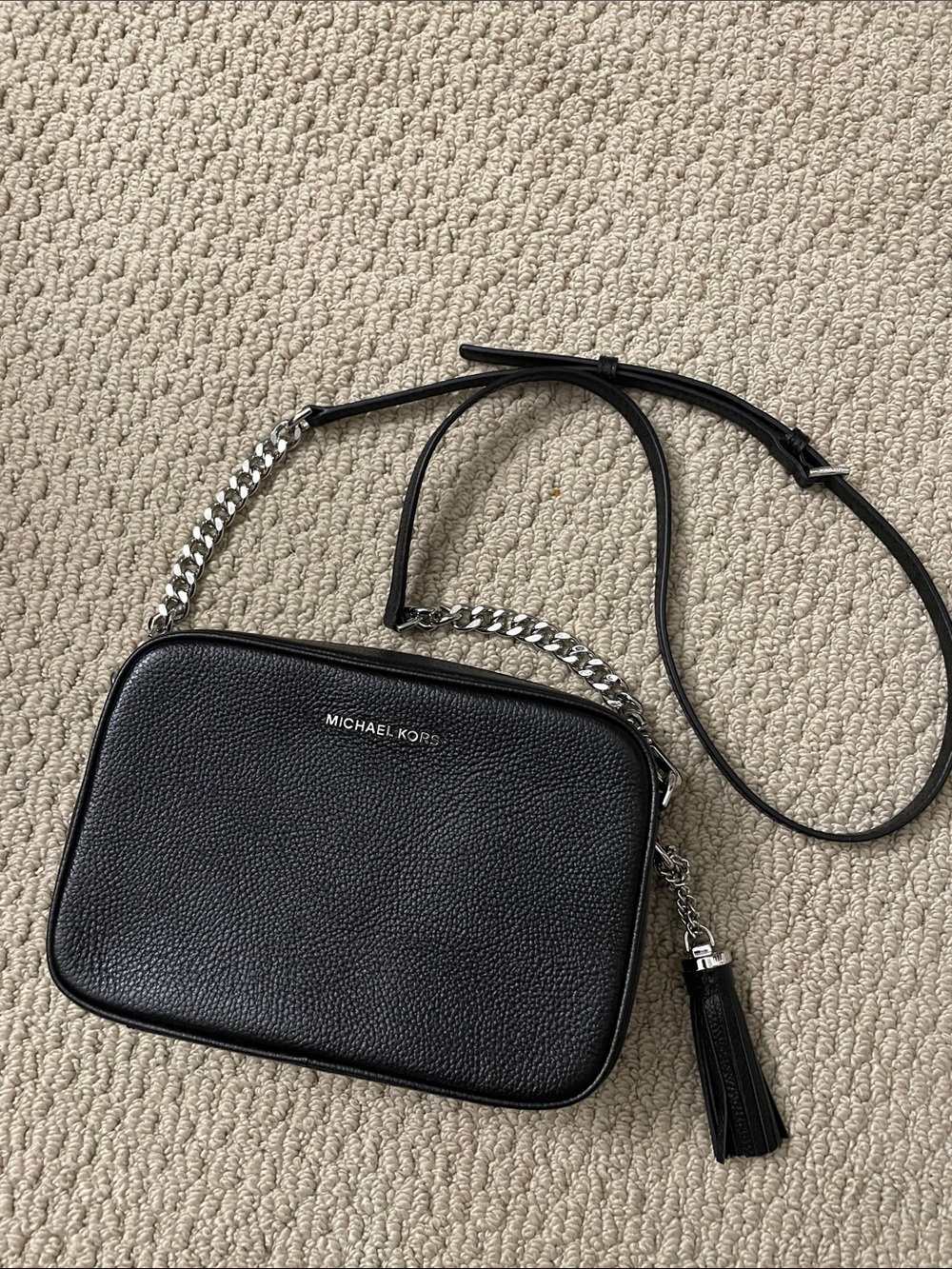 Michael Kors Ginny Black Pebbled Leather Camera Bag with Tassel and Chain Strap